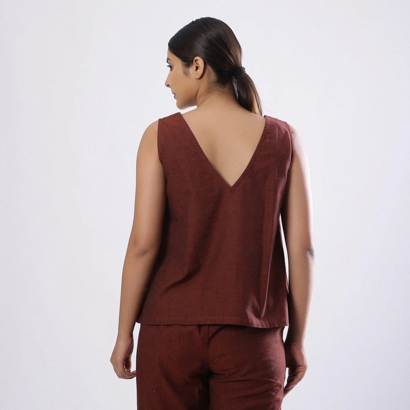 Back View of a Model wearing Brown Straight Mangalgiri Cotton Top