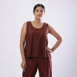 Front View of a Model wearing Brown Straight Mangalgiri Cotton Top