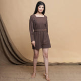 Front View of a Model wearing Brown Square Neck Gathered Romper