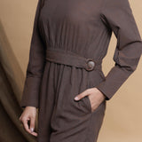 Front Detail of a Model wearing Brown Square Neck Gathered Romper