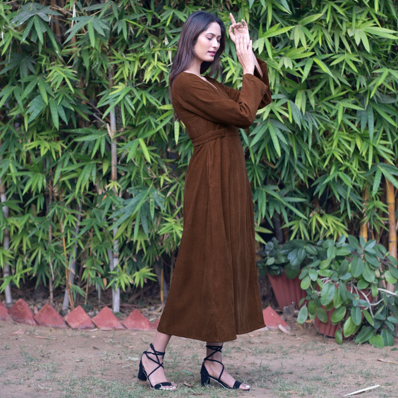 Buy Brown Warm Cotton Corduroy Deep Neck Midi Wrap Dress Online at SeamsFriendly Buy Brown Warm Cotton Corduroy Deep Neck Midi Wrap Dress Online at SeamsFriendly