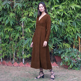 Brown Warm Cotton Corduroy Deep Neck Midi Wrap Dress