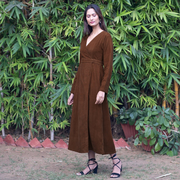 Brown Warm Cotton Corduroy Deep Neck Midi Wrap Dress 38
