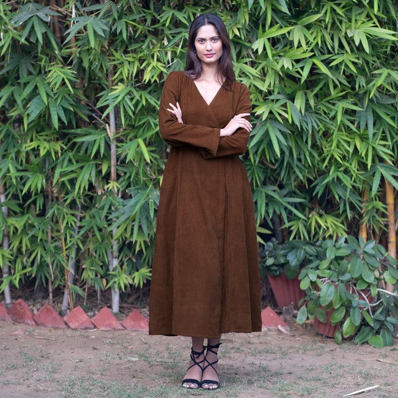 Brown Warm Cotton Corduroy Deep Neck Midi Wrap Dress