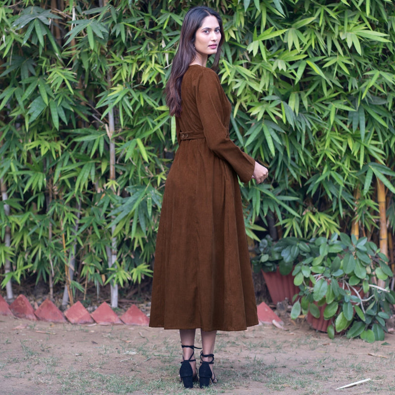 Brown Warm Cotton Corduroy Deep Neck Midi Wrap Dress 38" / Petite (5'1" and below) Brown Warm Cotton Corduroy Deep Neck Midi Wrap Dress 38" / Petite (5'1" and below)