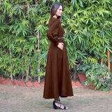 Brown Warm Cotton Corduroy Fit and Flare Maxi Dress