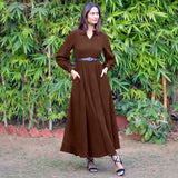 Brown Warm Cotton Corduroy Fit and Flare Maxi Dress