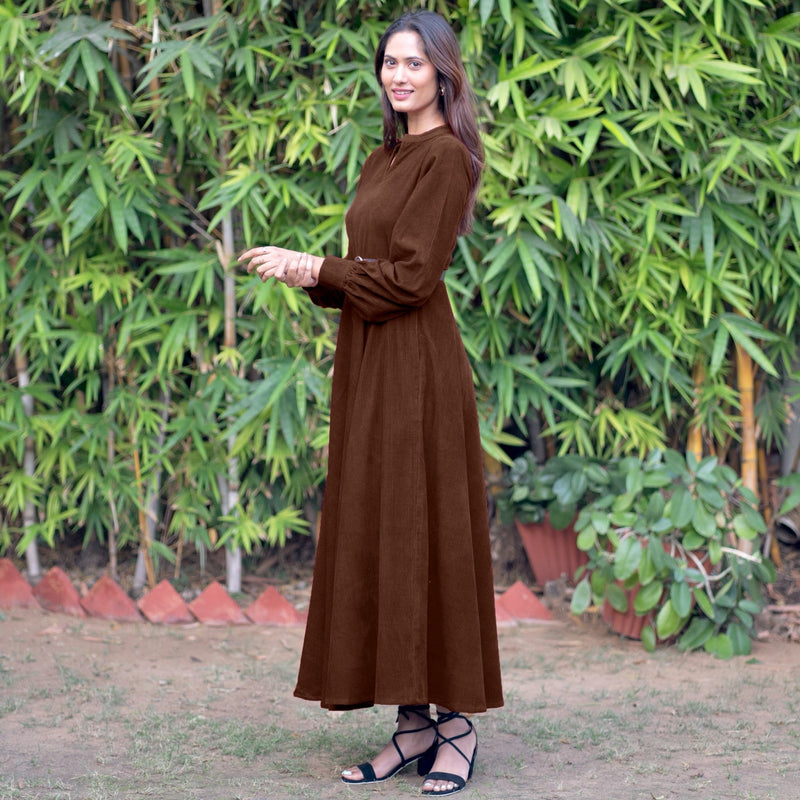 Brown Warm Cotton Corduroy Fit and Flare Maxi Dress 34" / Regular (5'2" - 5'6") Brown Warm Cotton Corduroy Fit and Flare Maxi Dress 34" / Regular (5'2" - 5'6")