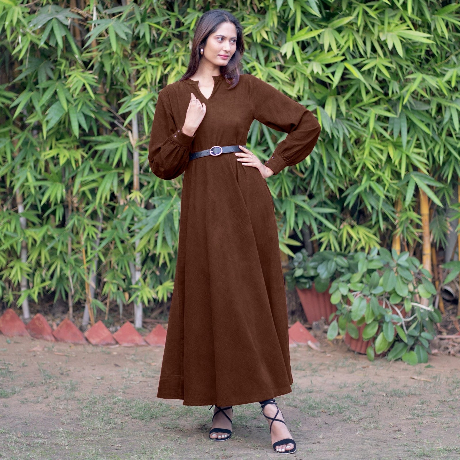 Brown Warm Cotton Corduroy Fit and Flare Maxi Dress 34