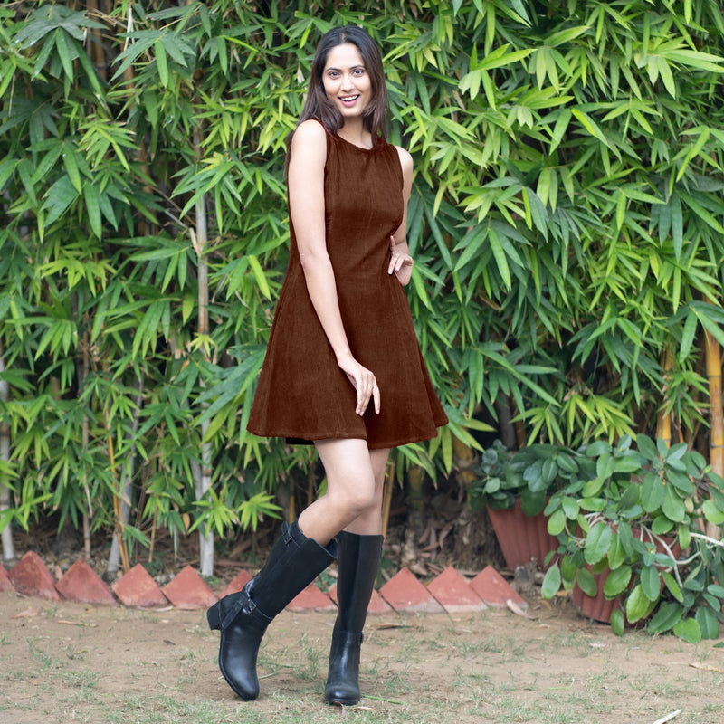 Brown Warm Cotton Corduroy Fit and Flare Sleeveless Short Dress