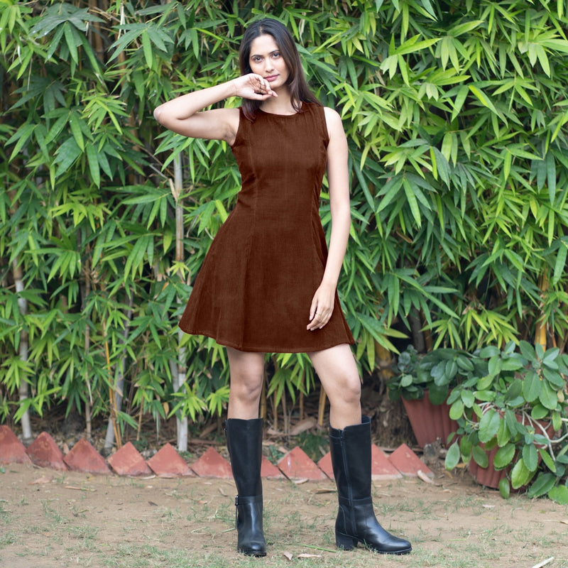 Brown Warm Cotton Corduroy Fit and Flare Sleeveless Short Dress