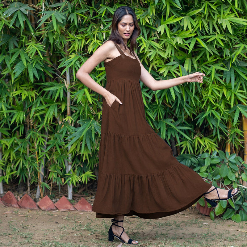 Brown Warm Cotton Corduroy Gathered Maxi Tier Dress