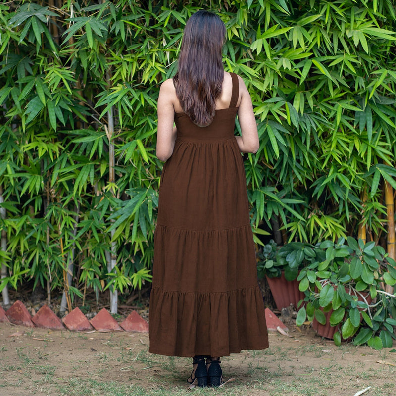 Brown Warm Cotton Corduroy Gathered Maxi Tier Dress 30" / Custom Height (Free) Brown Warm Cotton Corduroy Gathered Maxi Tier Dress 30" / Custom Height (Free)