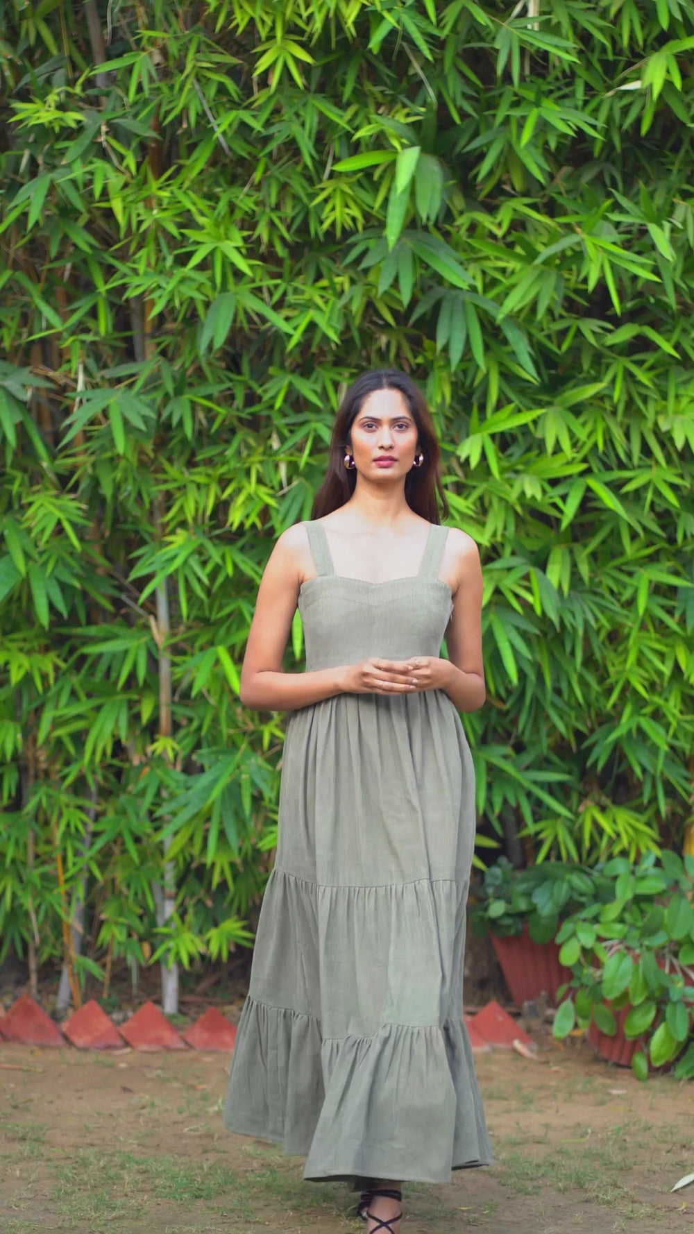 Brown Warm Cotton Corduroy Gathered Maxi Tier Dress 30