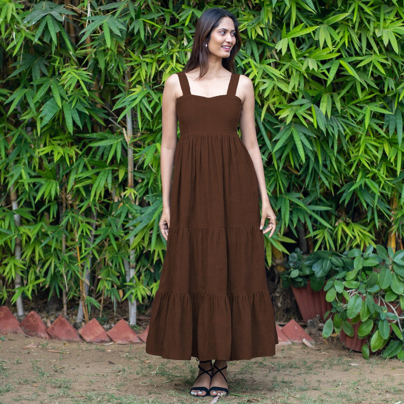 Brown Warm Cotton Corduroy Gathered Maxi Tier Dress