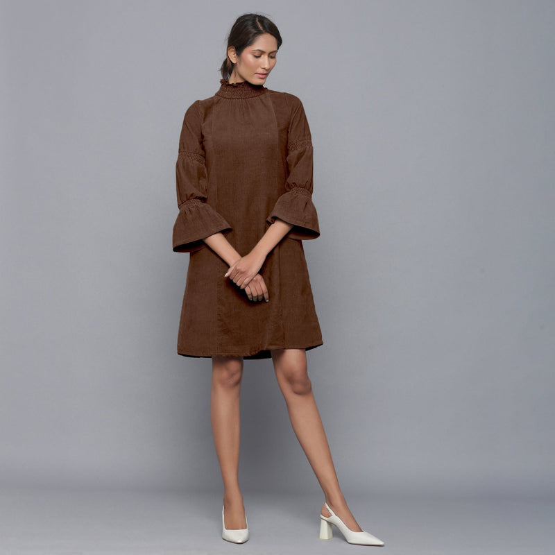 Brown Warm Cotton Corduroy High Neck Short Dress