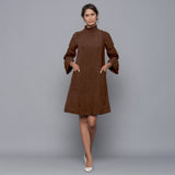 Brown Warm Cotton Corduroy High Neck Short Dress