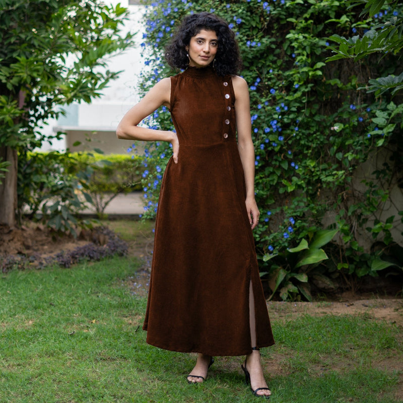 Buy Brown Warm Cotton Corduroy High-Neck Sleeveless Slit Dress Online at SeamsFriendly Buy Brown Warm Cotton Corduroy High-Neck Sleeveless Slit Dress Online at SeamsFriendly