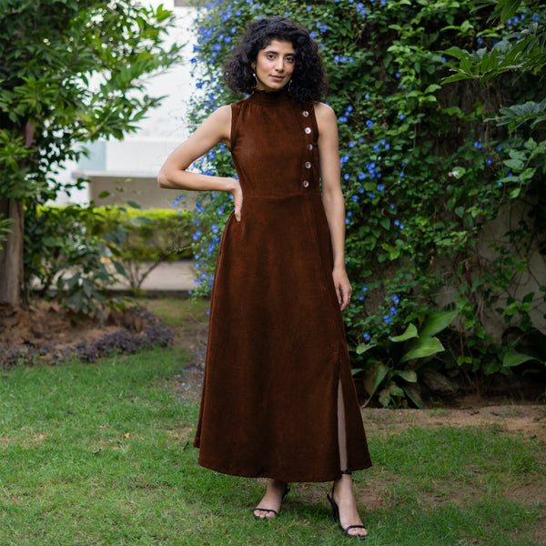 Brown Warm Cotton Corduroy High-Neck Sleeveless Slit Dress