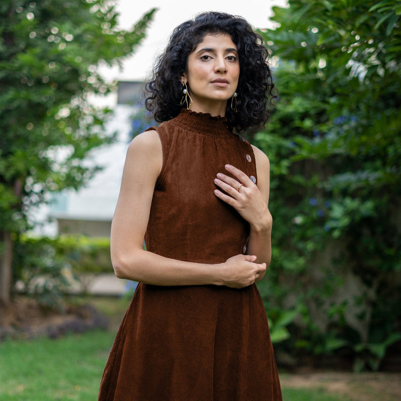 Buy Brown Warm Cotton Corduroy High-Neck Sleeveless Slit Dress Online at SeamsFriendly Buy Brown Warm Cotton Corduroy High-Neck Sleeveless Slit Dress Online at SeamsFriendly
