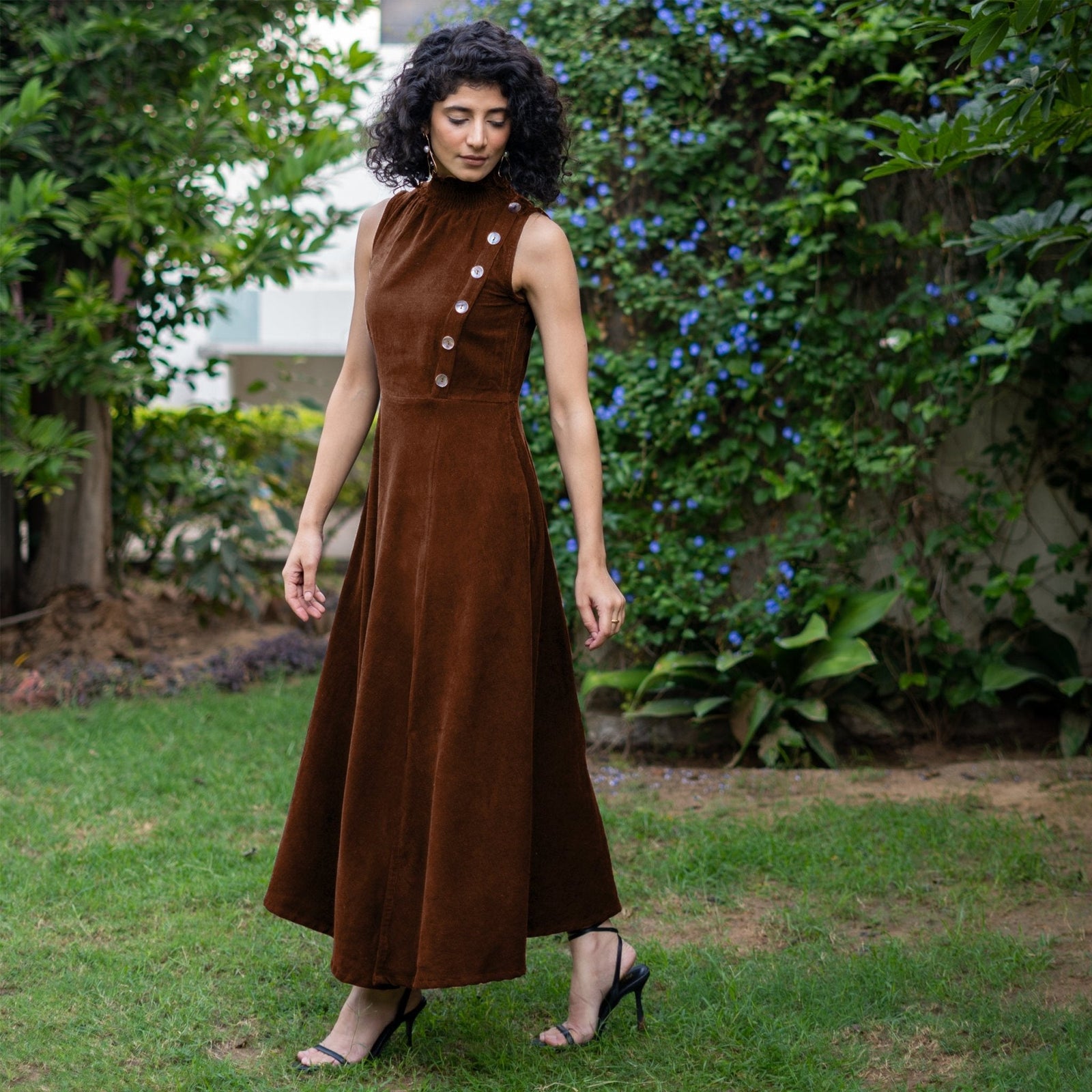 corduroy ladies dress Brown Warm Cotton High-Neck Sleeveless Slit 42