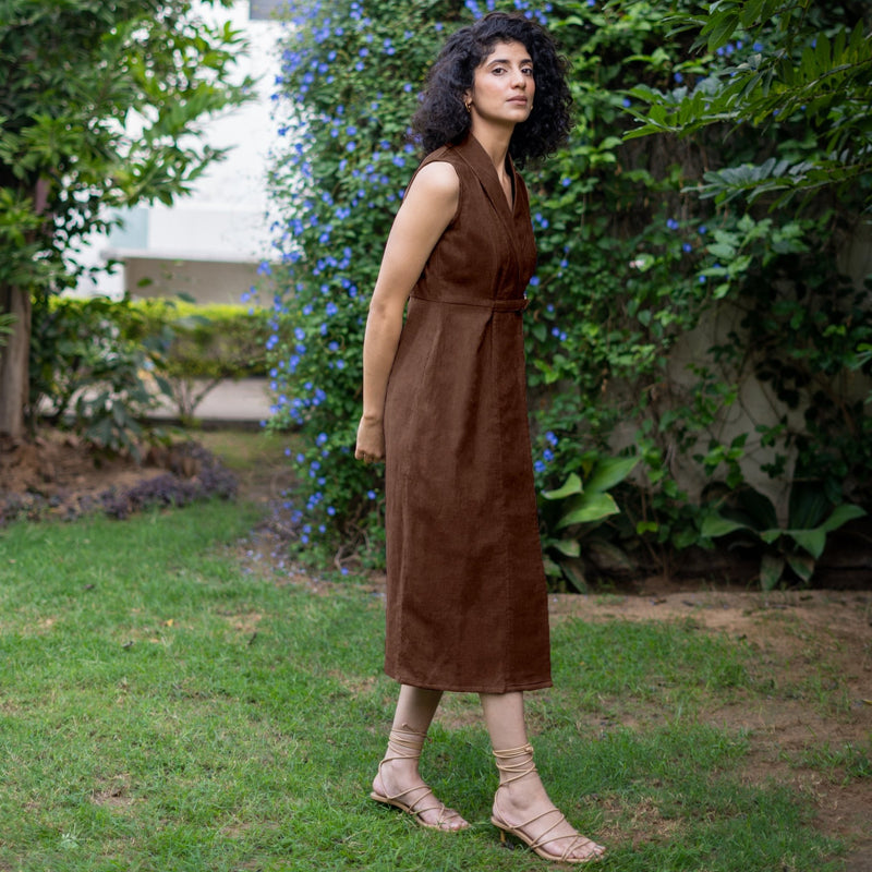 Brown Warm Cotton Corduroy Sleeveless Midi Blazer Dress