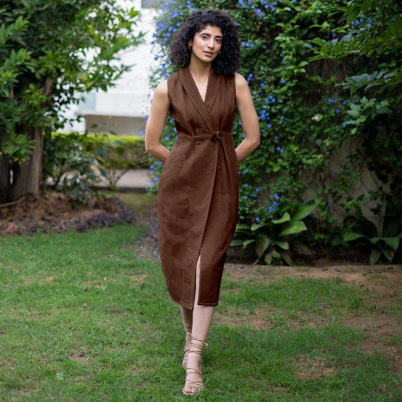 Brown Warm Cotton Corduroy Sleeveless Midi Blazer Dress 38" / Regular (5'2" - 5'6") Brown Warm Cotton Corduroy Sleeveless Midi Blazer Dress 38" / Regular (5'2" - 5'6")