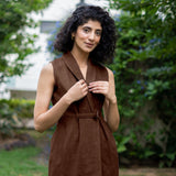 Brown Warm Cotton Corduroy Sleeveless Midi Blazer Dress