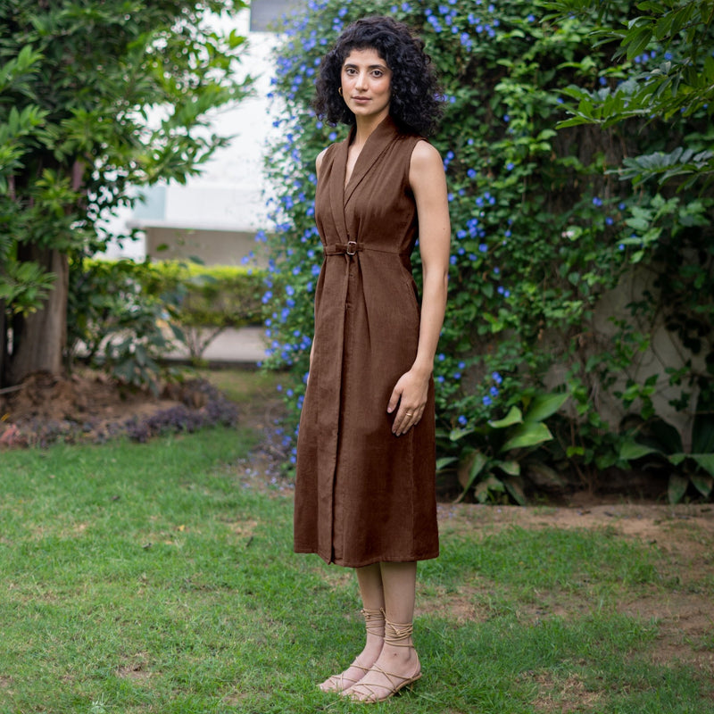 Brown Warm Cotton Corduroy Sleeveless Midi Blazer Dress 38" / Regular (5'2" - 5'6") Brown Warm Cotton Corduroy Sleeveless Midi Blazer Dress 38" / Regular (5'2" - 5'6")