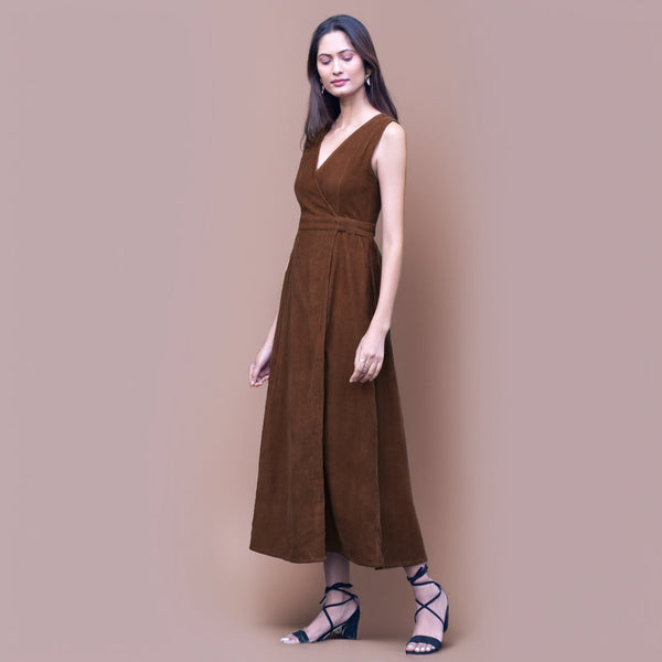 Brown Warm Cotton Corduroy Sleeveless Midi Wrap Dress