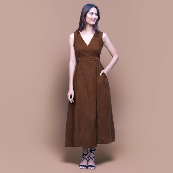 Brown Warm Cotton Corduroy Sleeveless Midi Wrap Dress