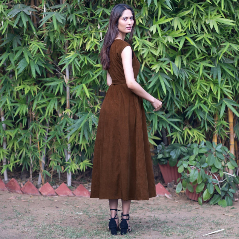 Brown Warm Cotton Corduroy Sleeveless Midi Wrap Dress