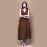 Brown Warm Cotton Corduroy Sleeveless Midi Wrap Dress