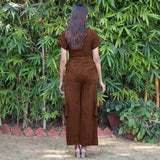 Brown Warm Cotton Corduroy Wide Legged Wrap Cargo Jumpsuit