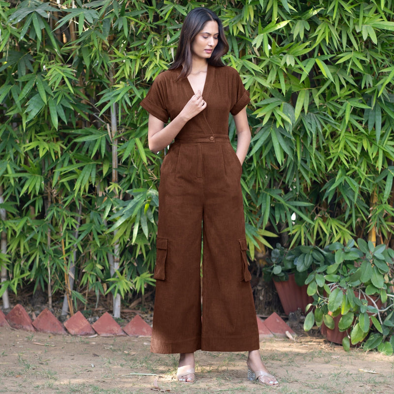 Brown Warm Cotton Corduroy Wide Legged Wrap Cargo Jumpsuit