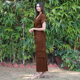 Brown Warm Cotton Corduroy Wide Legged Wrap Cargo Jumpsuit