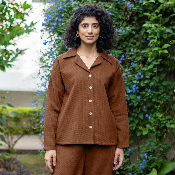 Brown Warm Cotton Waffle Button-Down Shirt