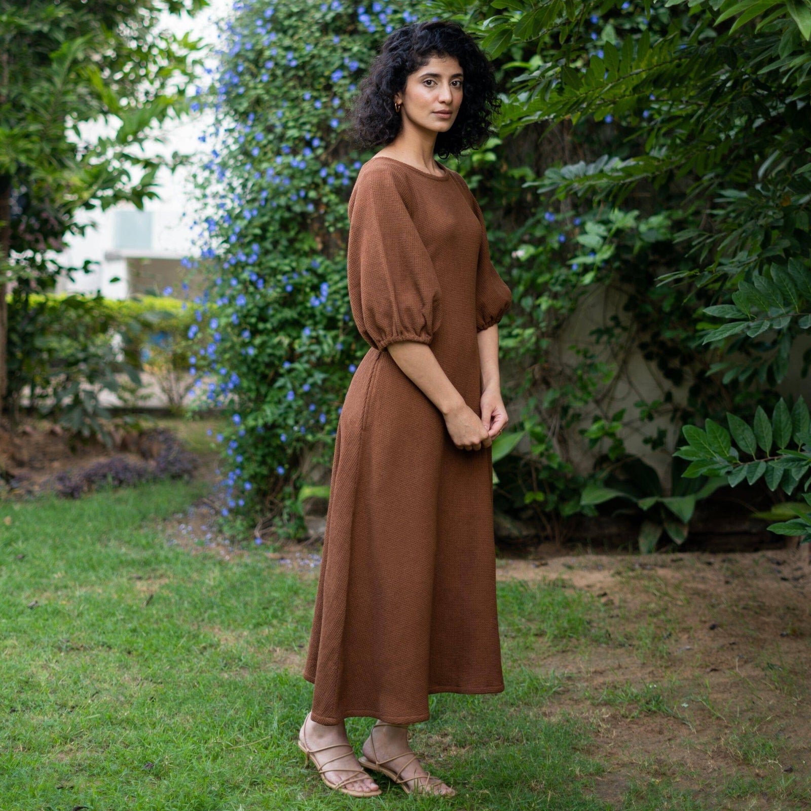 Brown Balloon Sleeve Dress Flowy hot Silhouette 100% Cotton Sizes S - L