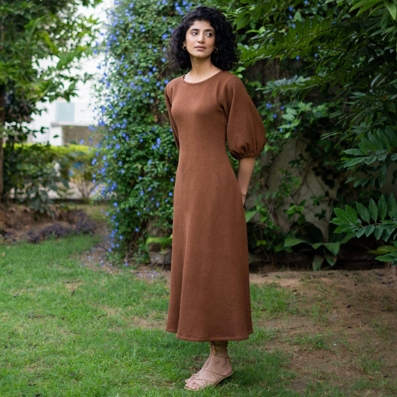 fit and flare dress for women with sleeves Brown Warm Cotton Waffle Balloon Maxi 52