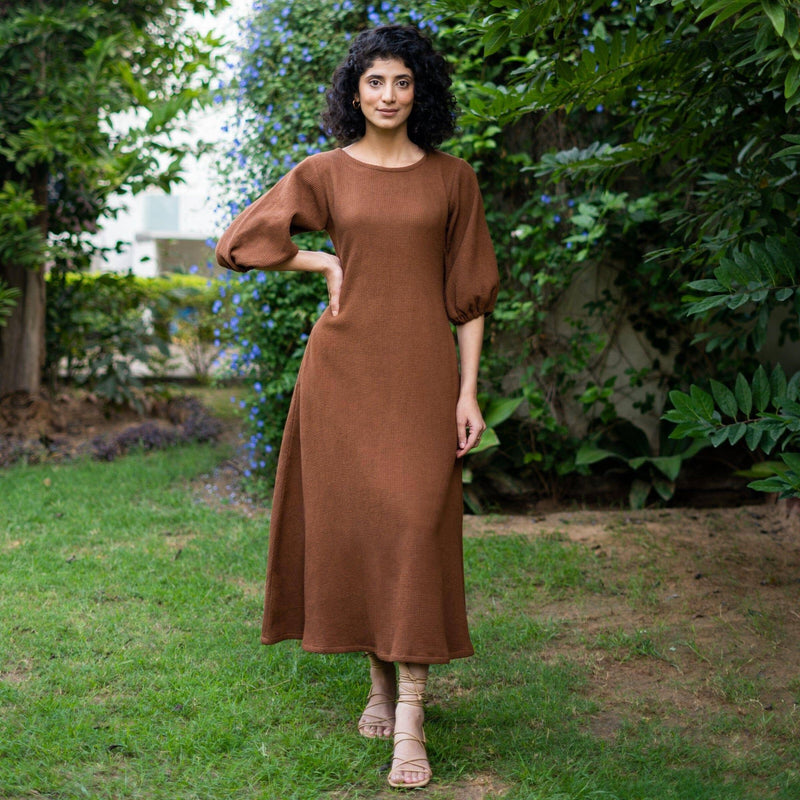 Brown Warm Cotton Waffle Fit and Flare Balloon Sleeves Maxi Dress 60" / Custom Height (Free) Brown Warm Cotton Waffle Fit and Flare Balloon Sleeves Maxi Dress 60" / Custom Height (Free)