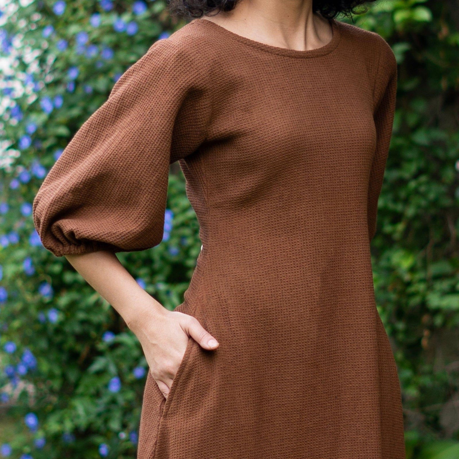 Brown Warm Cotton Waffle Fit and Flare Balloon Sleeves Maxi Dress 60" / Custom Height (Free) Brown Warm Cotton Waffle Fit and Flare Balloon Sleeves Maxi Dress 60" / Custom Height (Free)