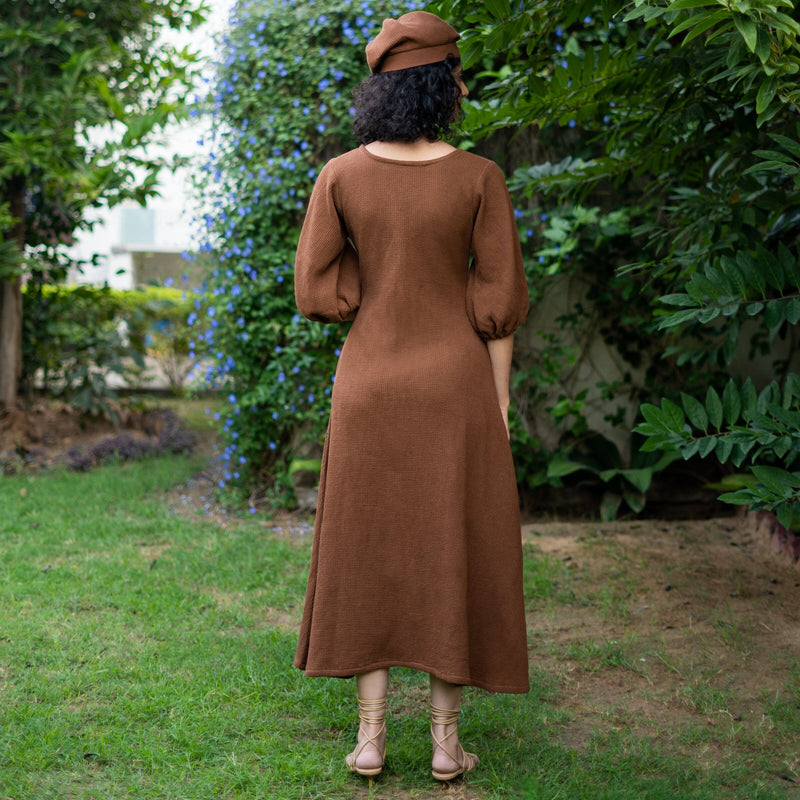Brown Warm Cotton Waffle Fit and Flare Balloon Sleeves Maxi Dress