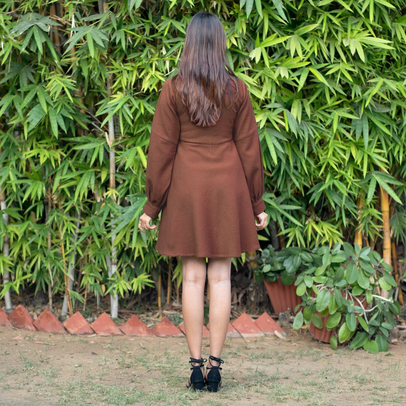 Brown Warm Cotton Waffle Fit and Flare Short Dress