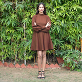 Brown Warm Cotton Waffle Fit and Flare Short Dress