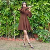 Brown Warm Cotton Waffle Fit and Flare Short Dress