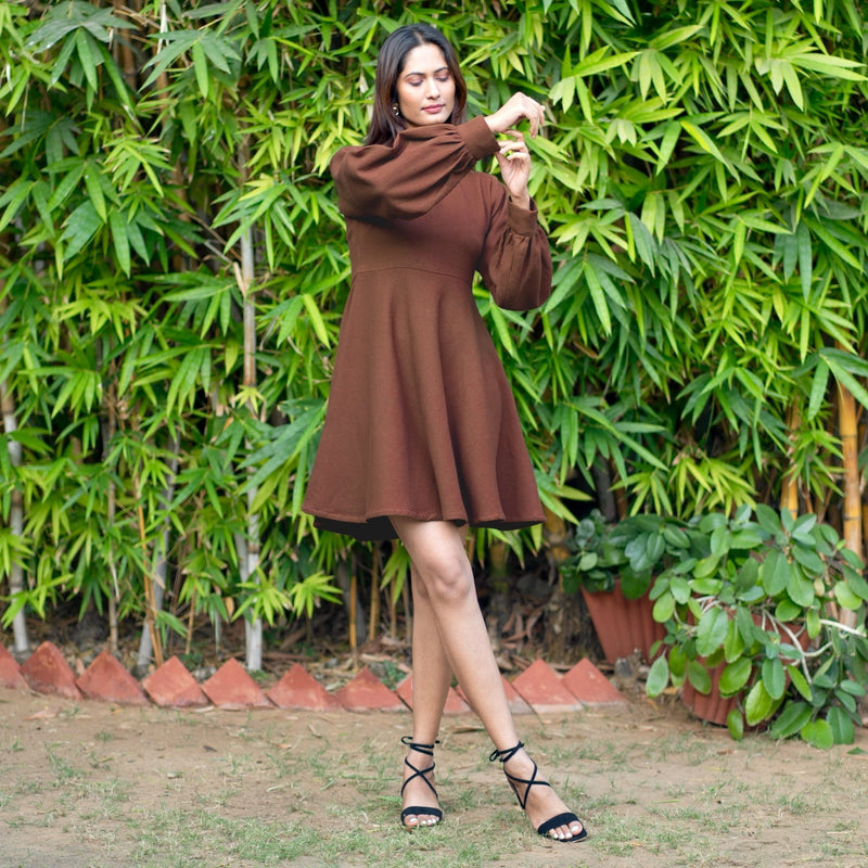 Brown Warm Cotton Waffle Fit and Flare Short Dress