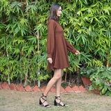 Brown Warm Cotton Waffle Fit and Flare Short Dress