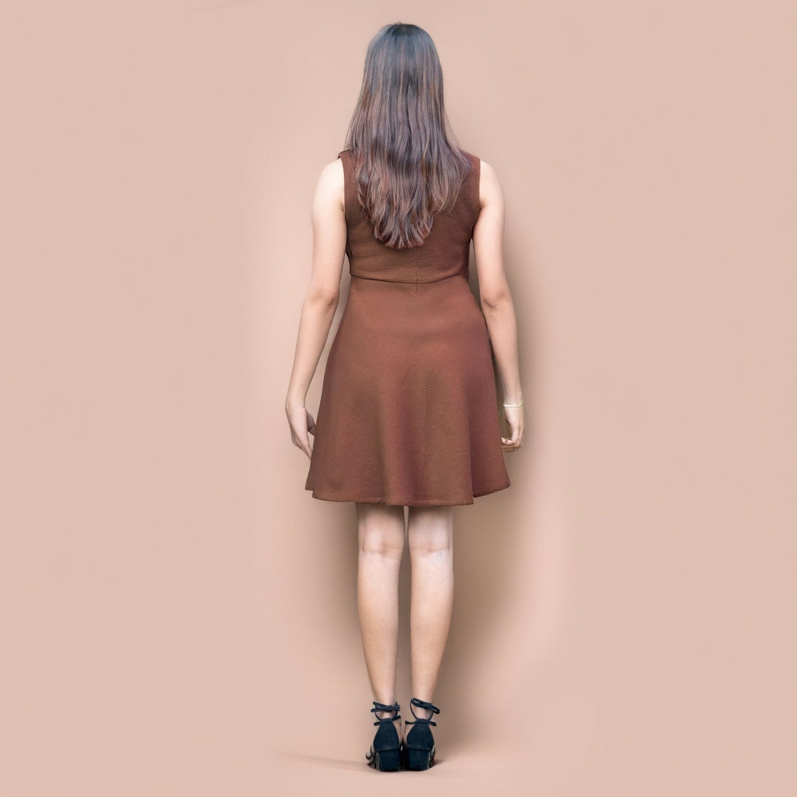 Brown Warm Cotton Waffle Fit and Flare Short Sleeveless Dress 60