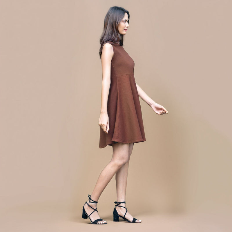 Brown Warm Cotton Waffle Fit and Flare Short Sleeveless Dress