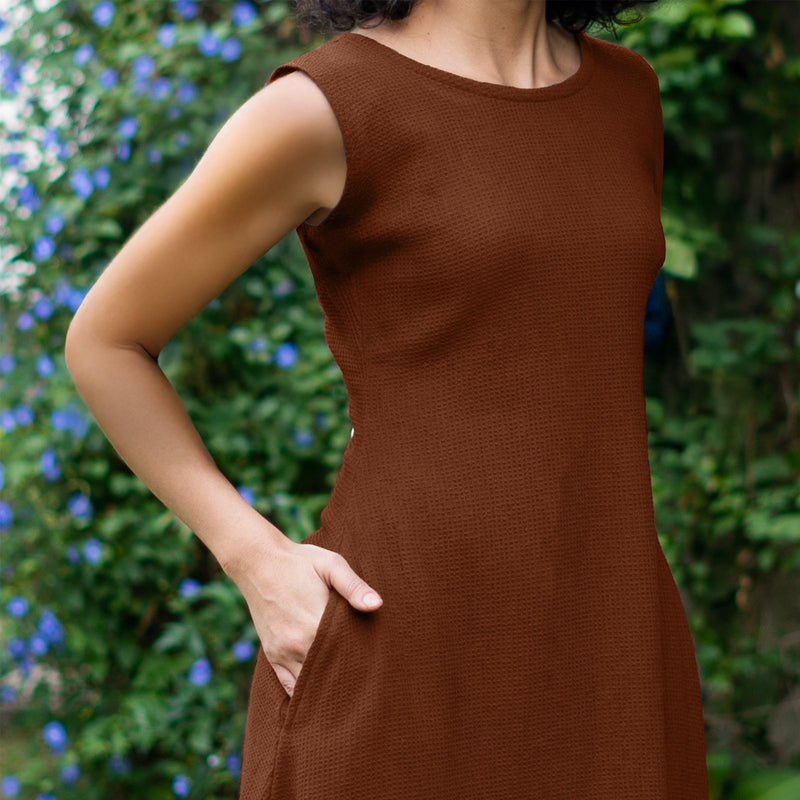 Brown Warm Cotton Waffle Fit and Flare Sleeveless Maxi Dress